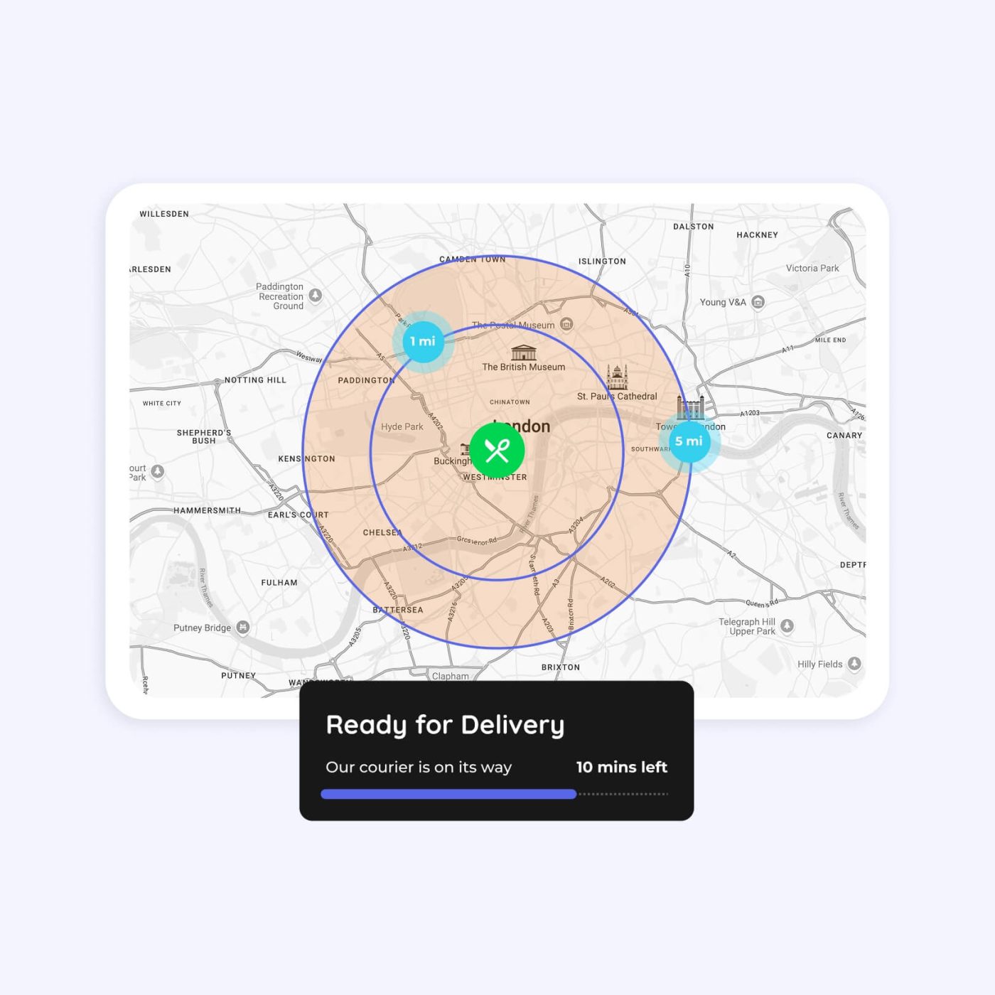 1 mi 5 mi Ready for Delivery Our courier is on its way 10 mins left